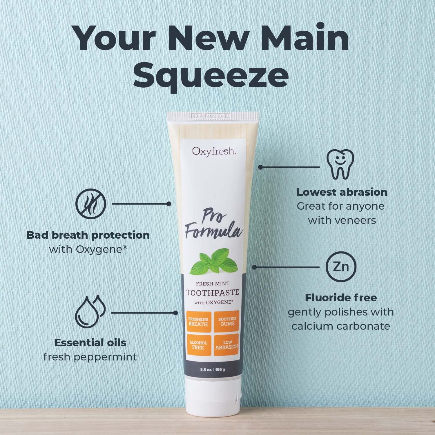 Close-up of Oxyfresh label highlighting fluoride-free mint care