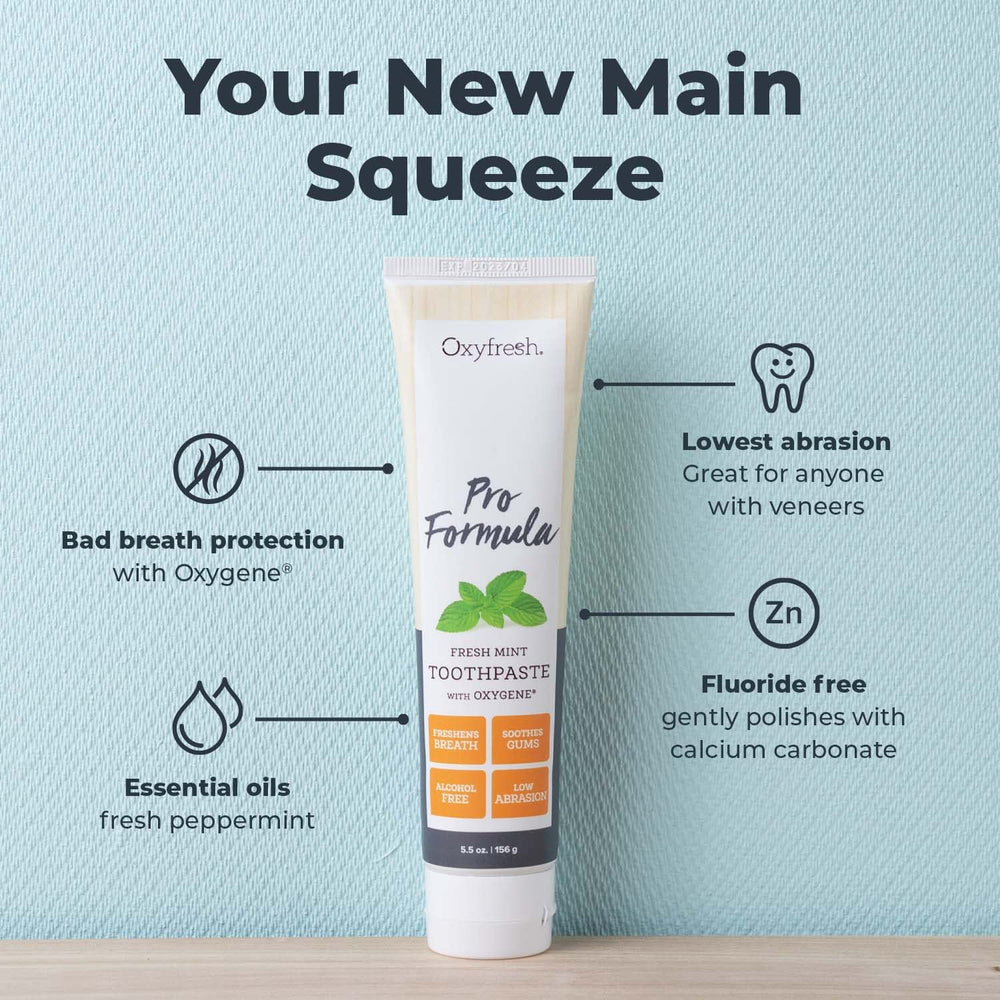 Close-up of Oxyfresh label highlighting fluoride-free mint care