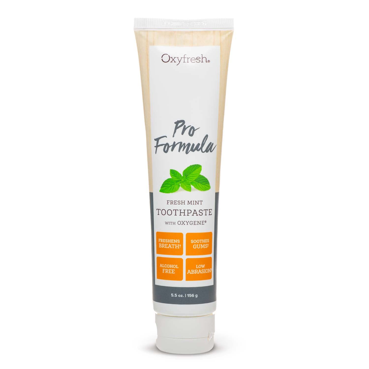 Oxyfresh Pro Formula Fresh Mint toothpaste tube front showing gentle, low-abrasion care for enamel