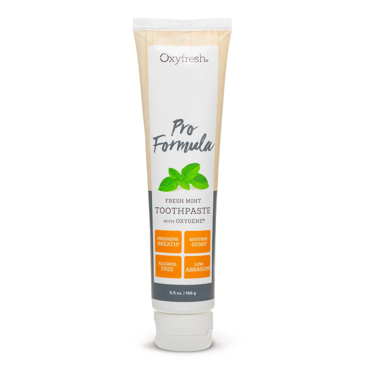Oxyfresh Pro Formula Fresh Mint toothpaste tube front showing gentle, low-abrasion care for enamel