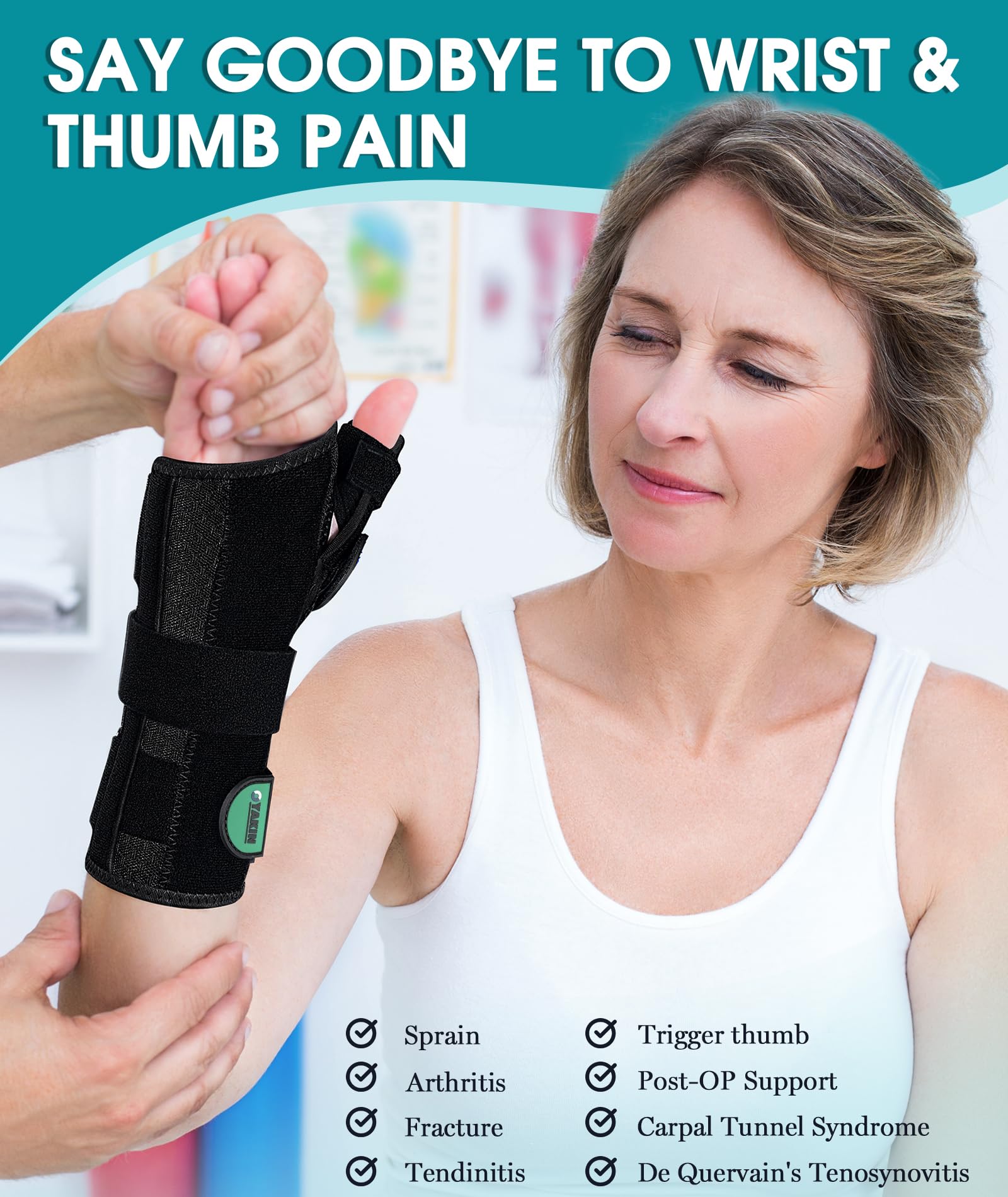 Oyakin thumb spica splint on right hand displaying adjustable straps for a secure fit.
