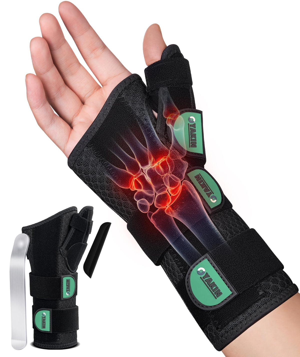 Oyakin wrist brace with thumb support shown up close for targeted stabilization.