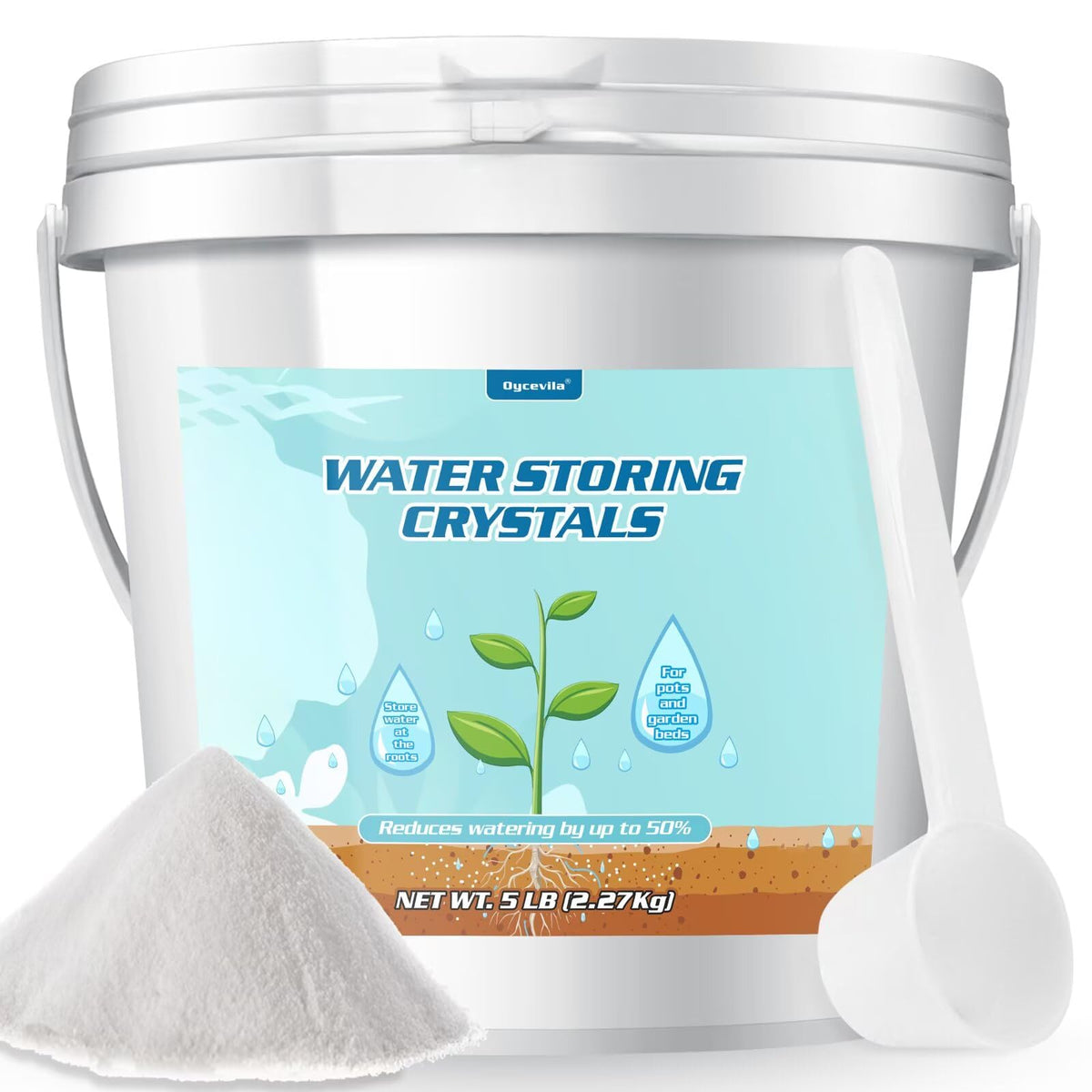 Oycevila 5LB water-storing crystals in a bottle with a spoon for measured hydration.