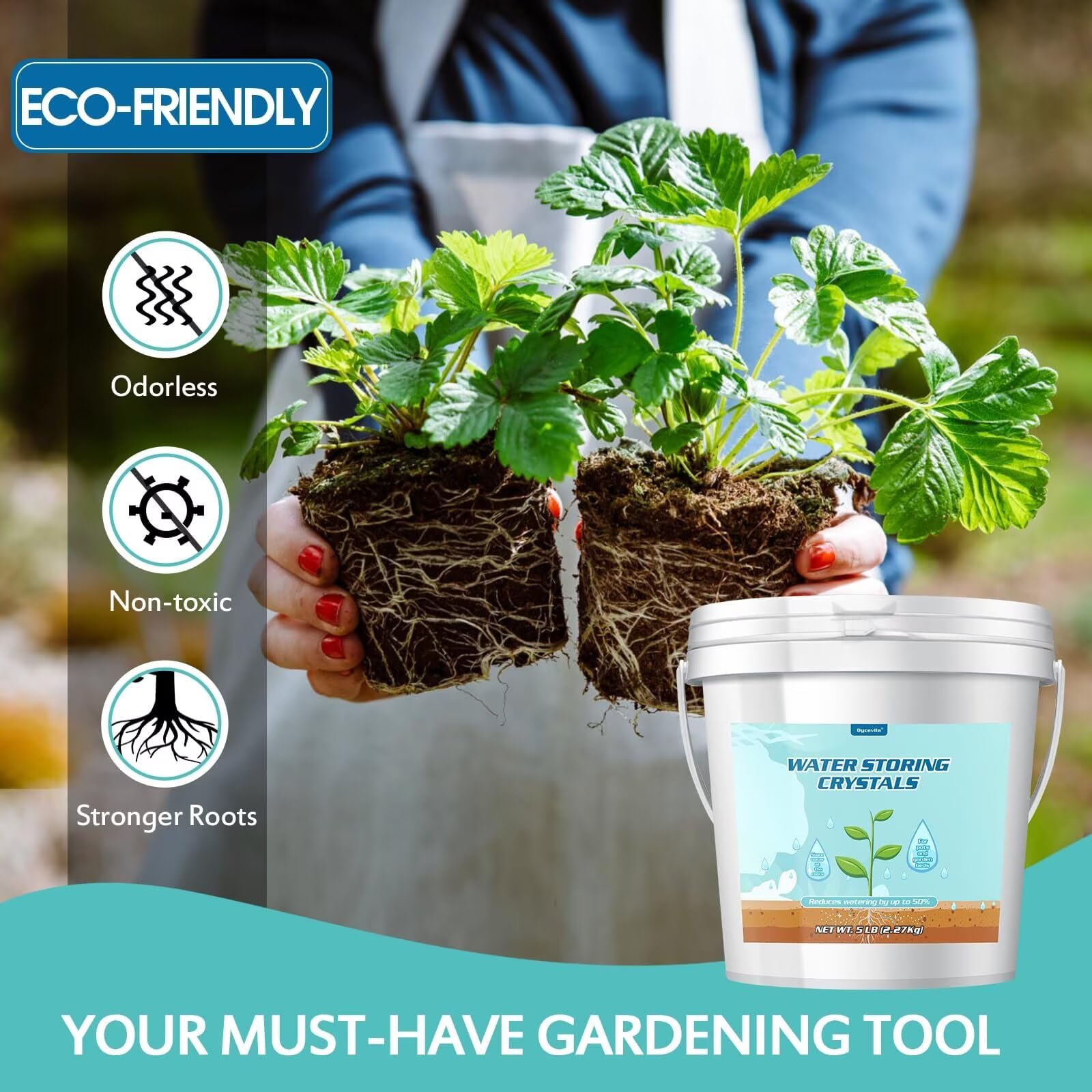Oycevila crystal powder packaging highlights non-toxic, eco-friendly plant hydration solution.