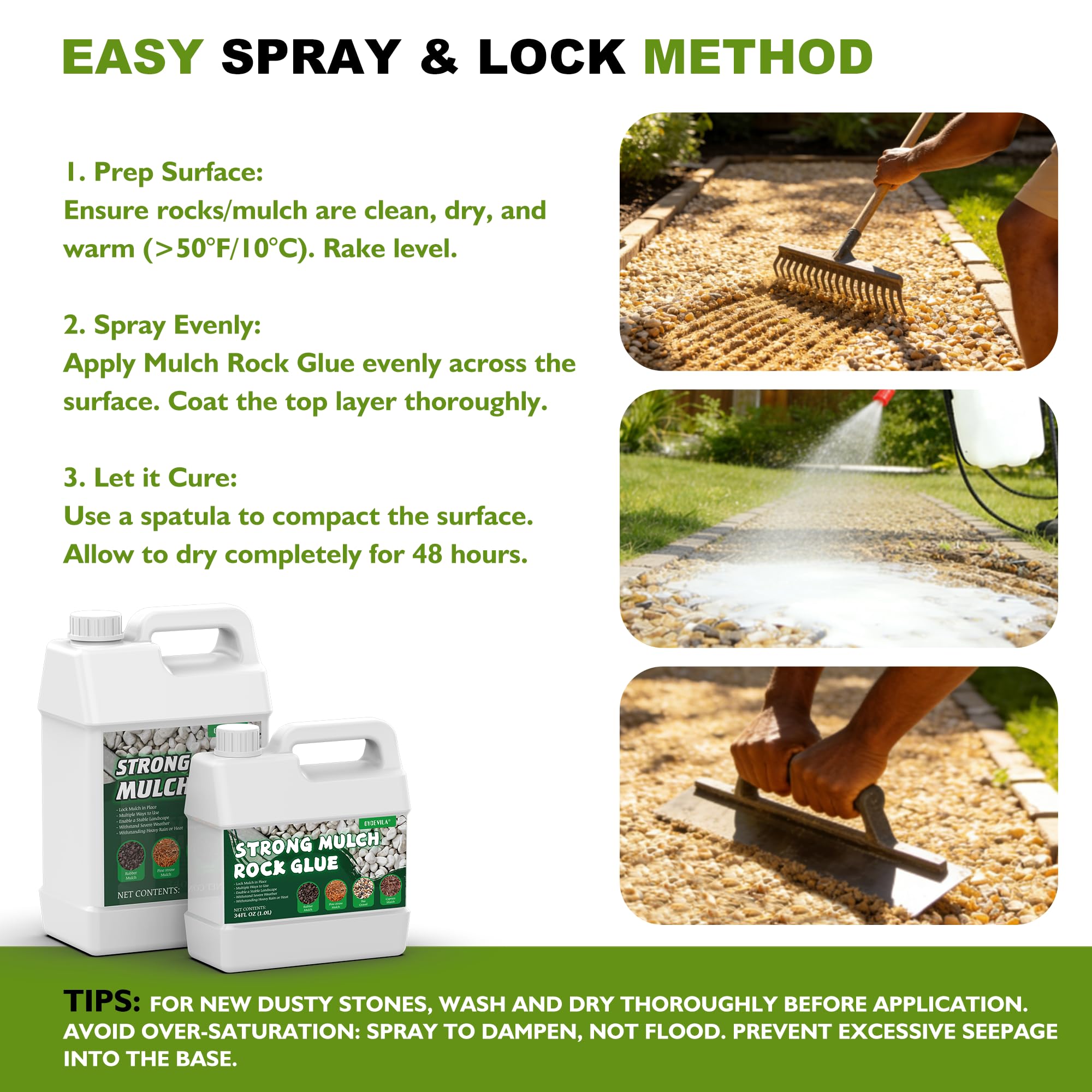 Oycevila mulch glue fixes erosion along borders and slopes.