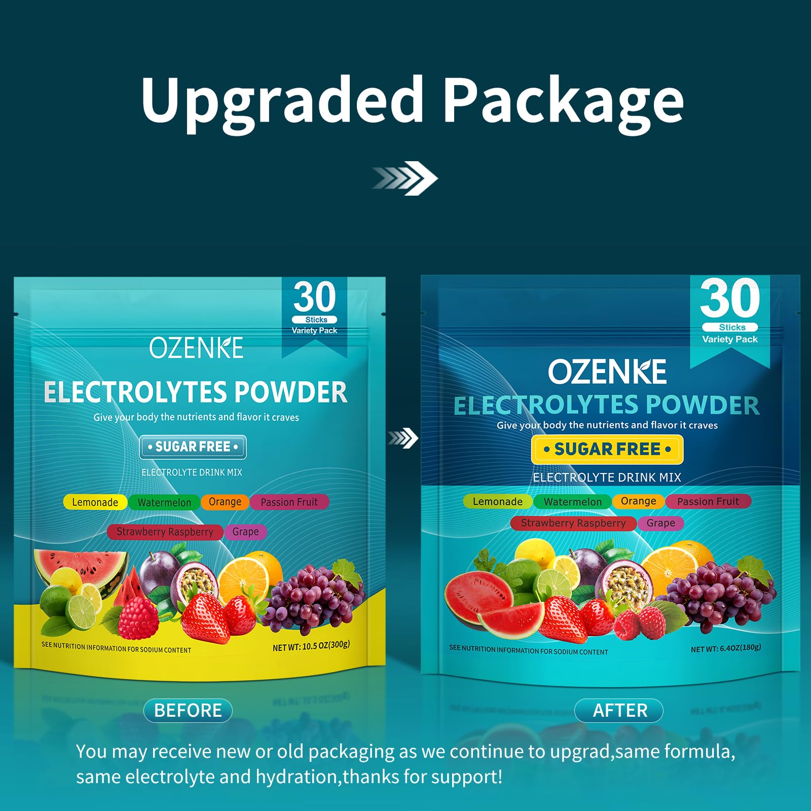 OZENKE electrolytes packets opened and ready to mix