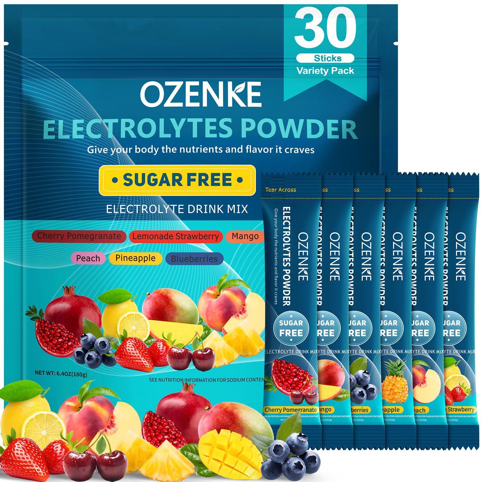 OZENKE electrolyte packets 30 sticks front view ideal for on-the-go hydration