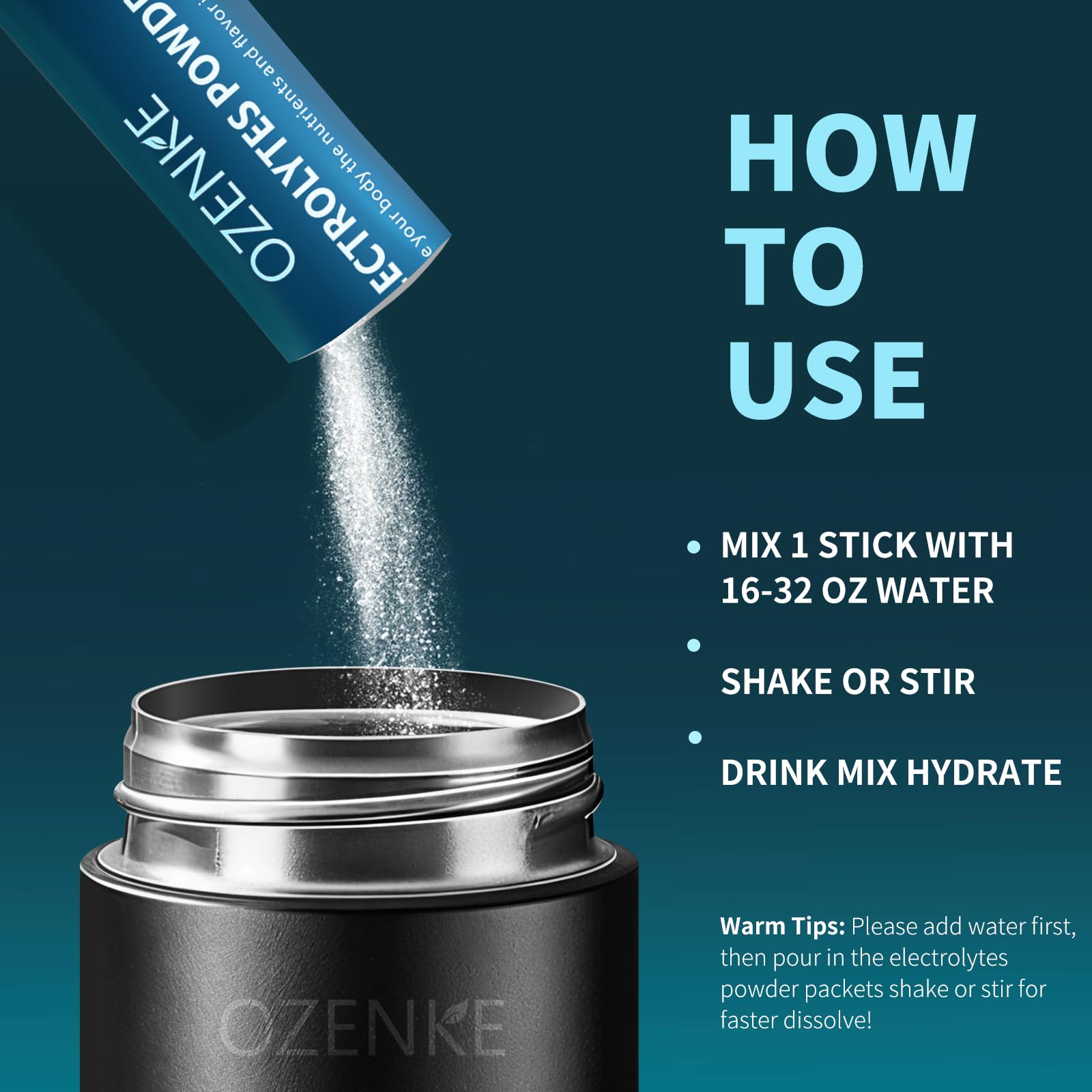 OZENKE electrolyte packets box close-up highlighting zero sugar and portability