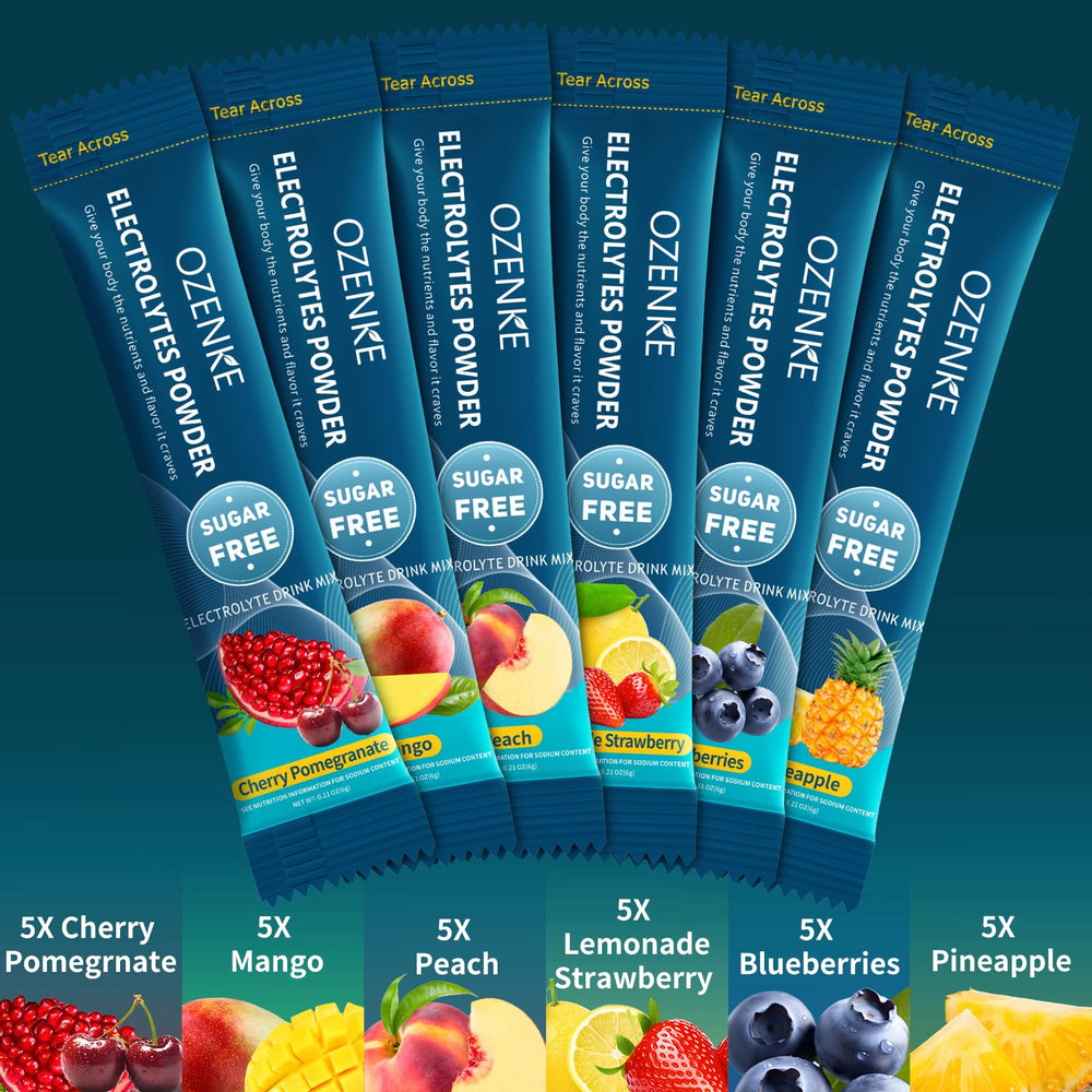 OZENKE electrolyte packets flavor variety highlighting six options