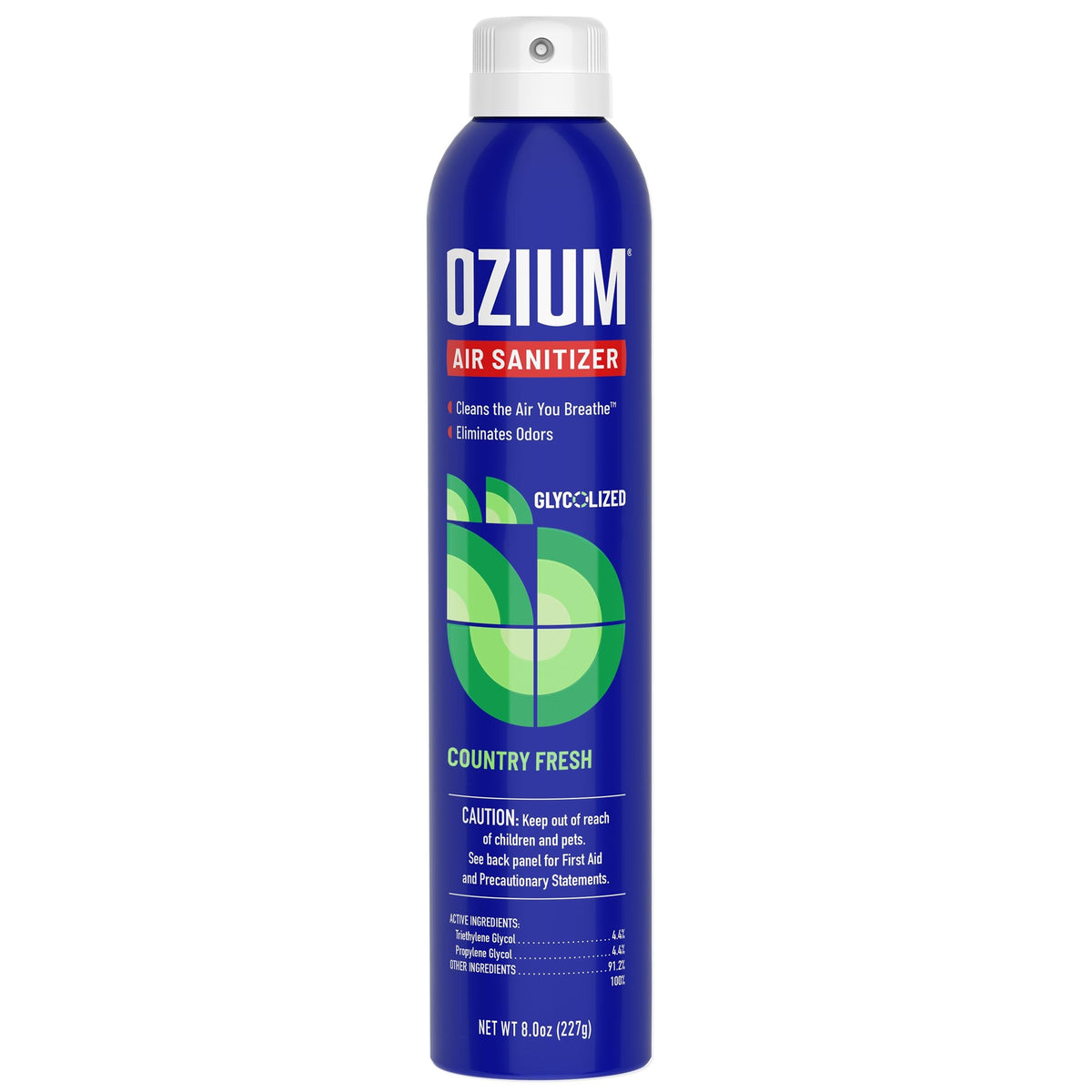 Ozium 8 oz bottle delivering country fresh air sanitizing for room odor control.