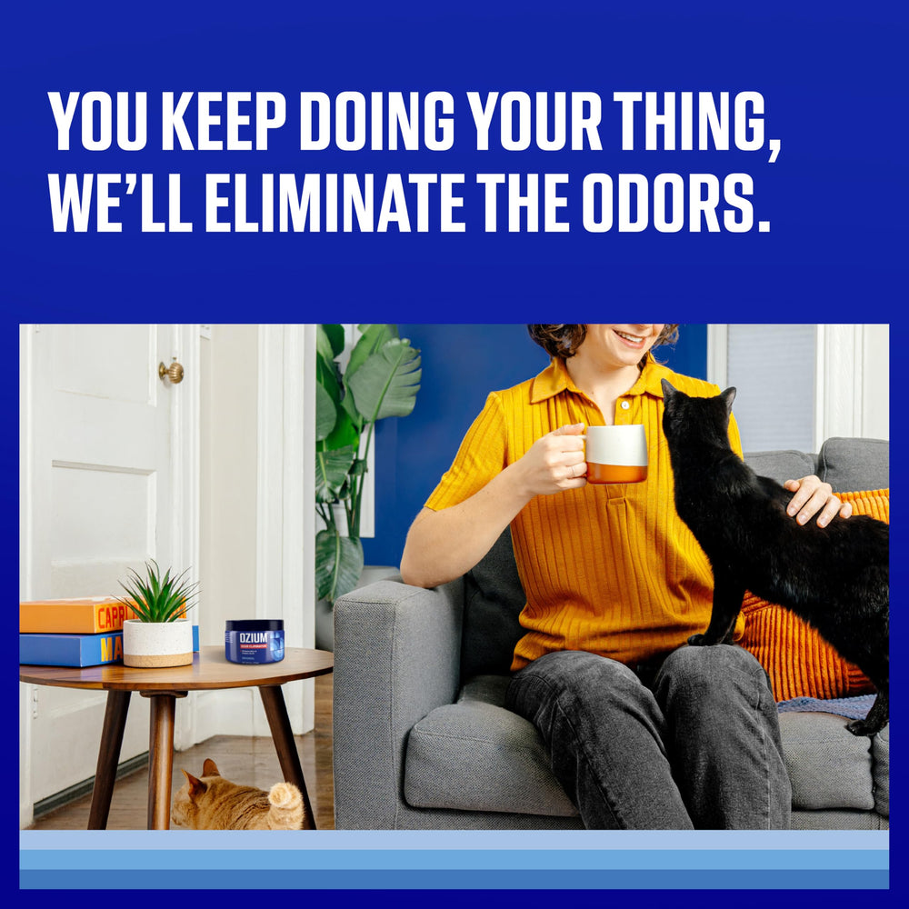 Ozium odor eliminating gel in car interior provides on-the-go odor control.