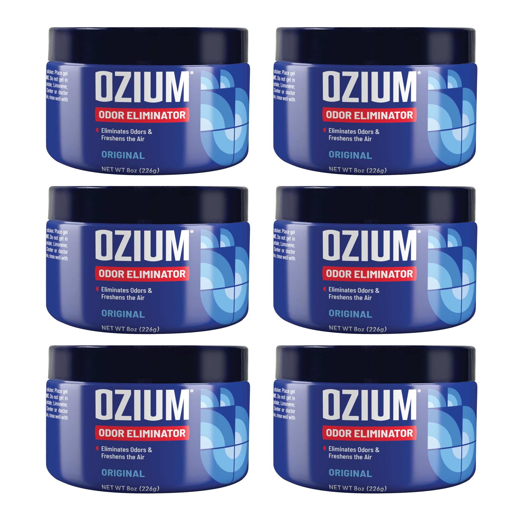 Ozium 8oz odor eliminating gel pack on shelf keeps spaces fresh.