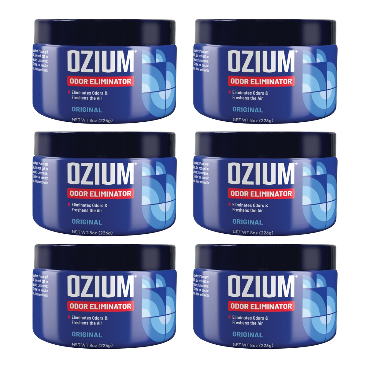Ozium 8oz odor eliminating gel pack on shelf keeps spaces fresh.