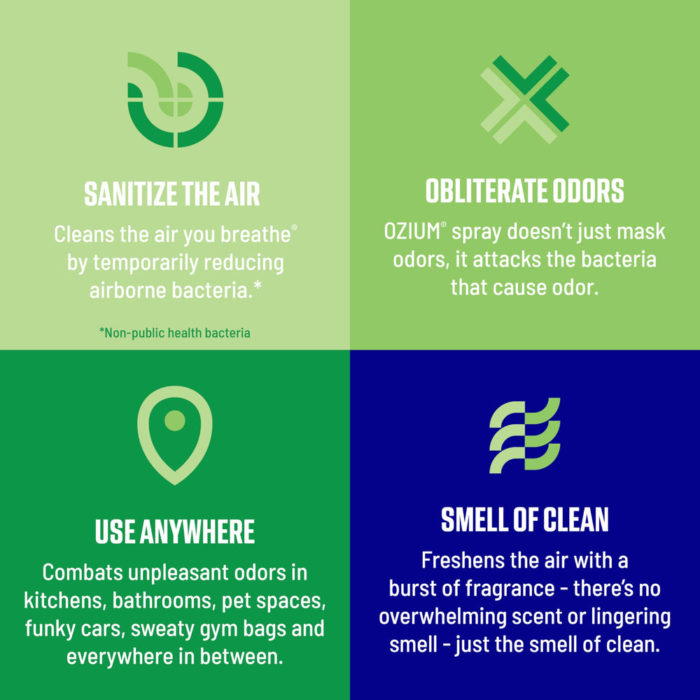 Ozium odor eliminator spray for home spaces with lasting fragrance.