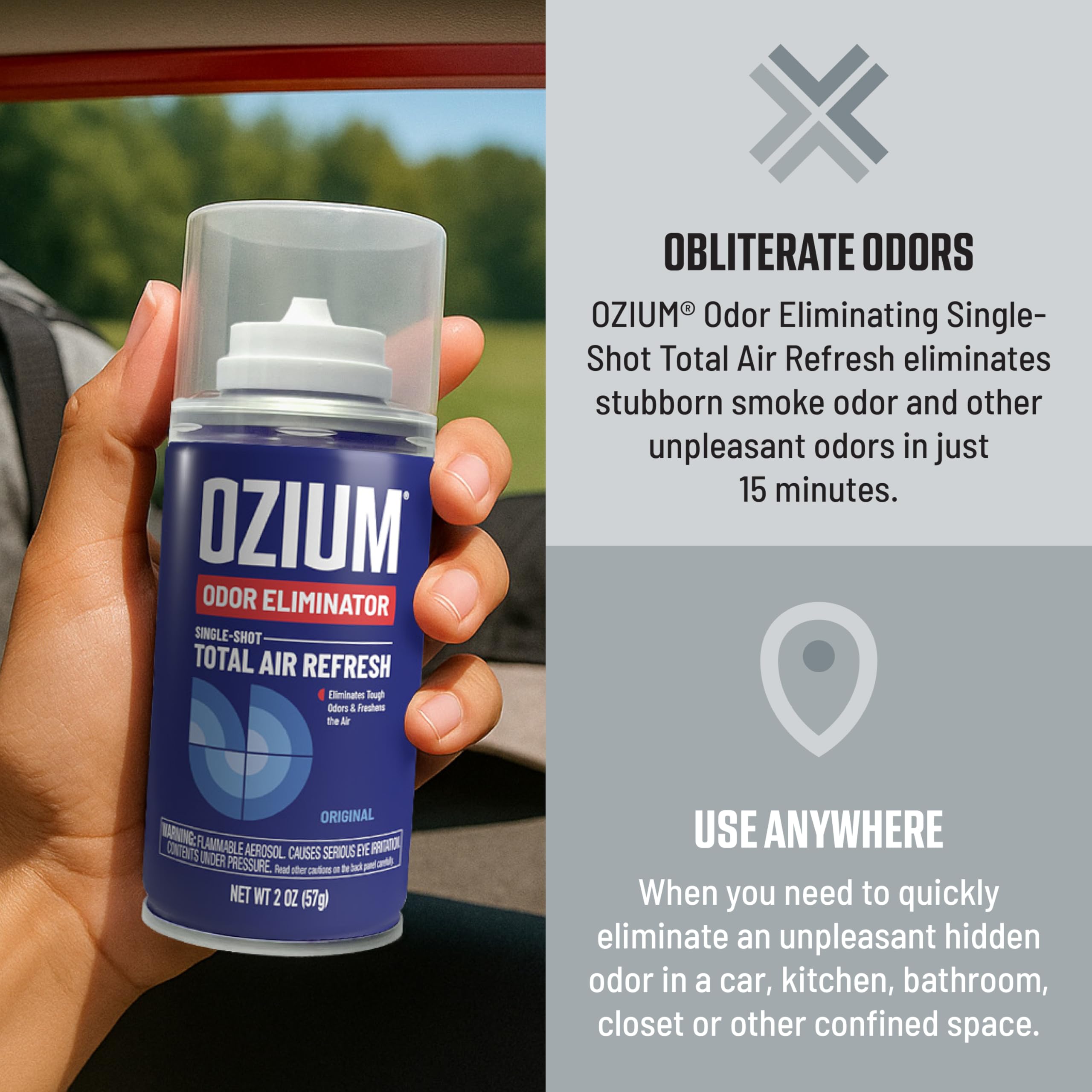 Ozium air sanitizer technology shows quick car refresh.