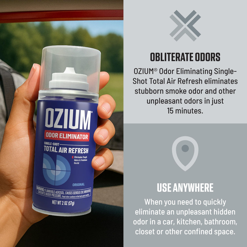 Ozium air sanitizer technology shows quick car refresh.