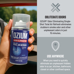 Ozium air sanitizer technology shows quick car refresh.