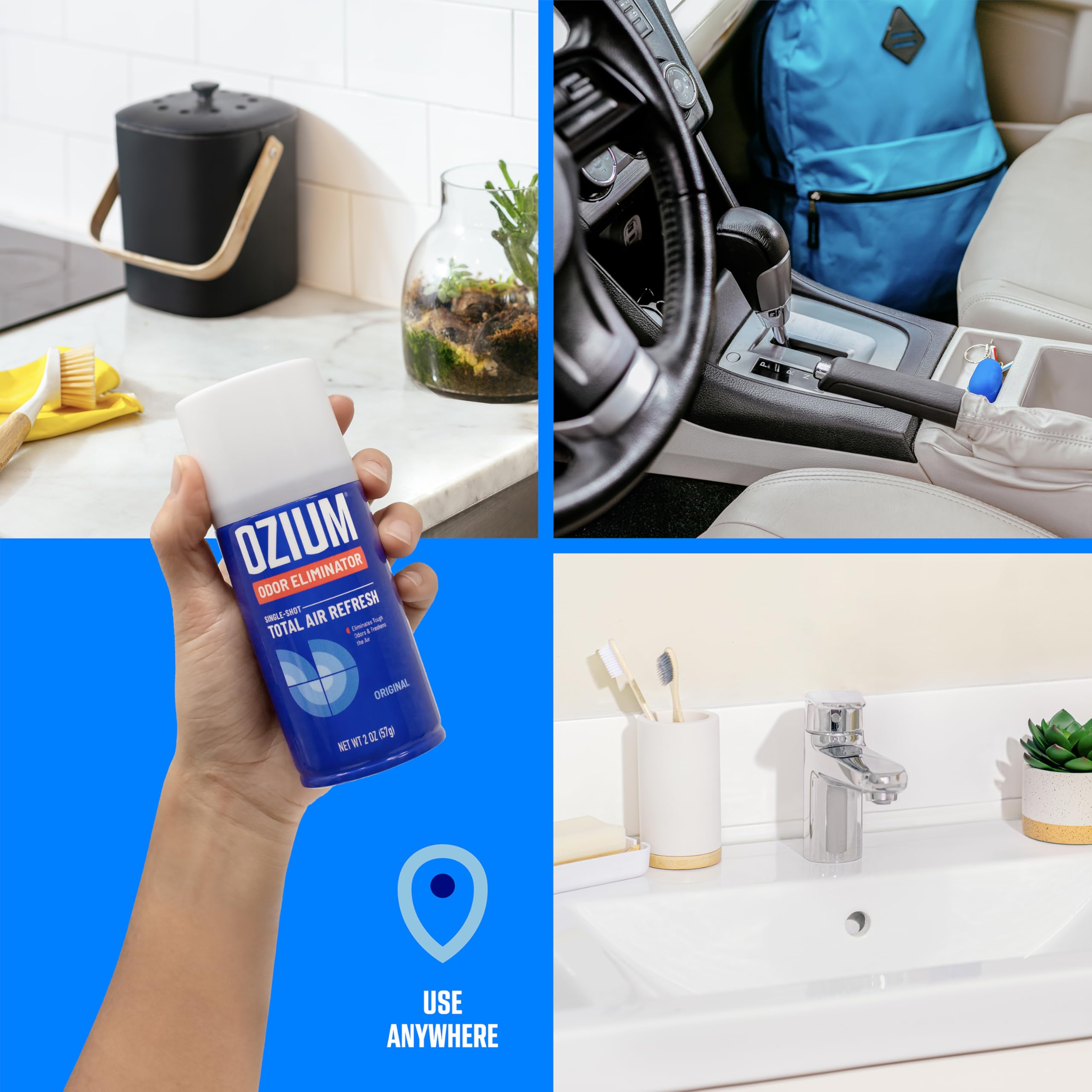 Ozium car odor neutralizer burst removes stubborn scents.