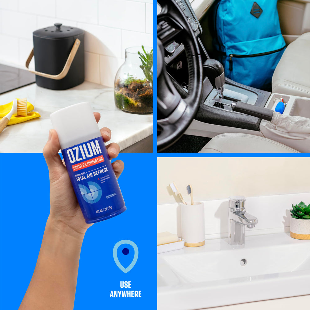 Ozium car odor neutralizer burst removes stubborn scents.