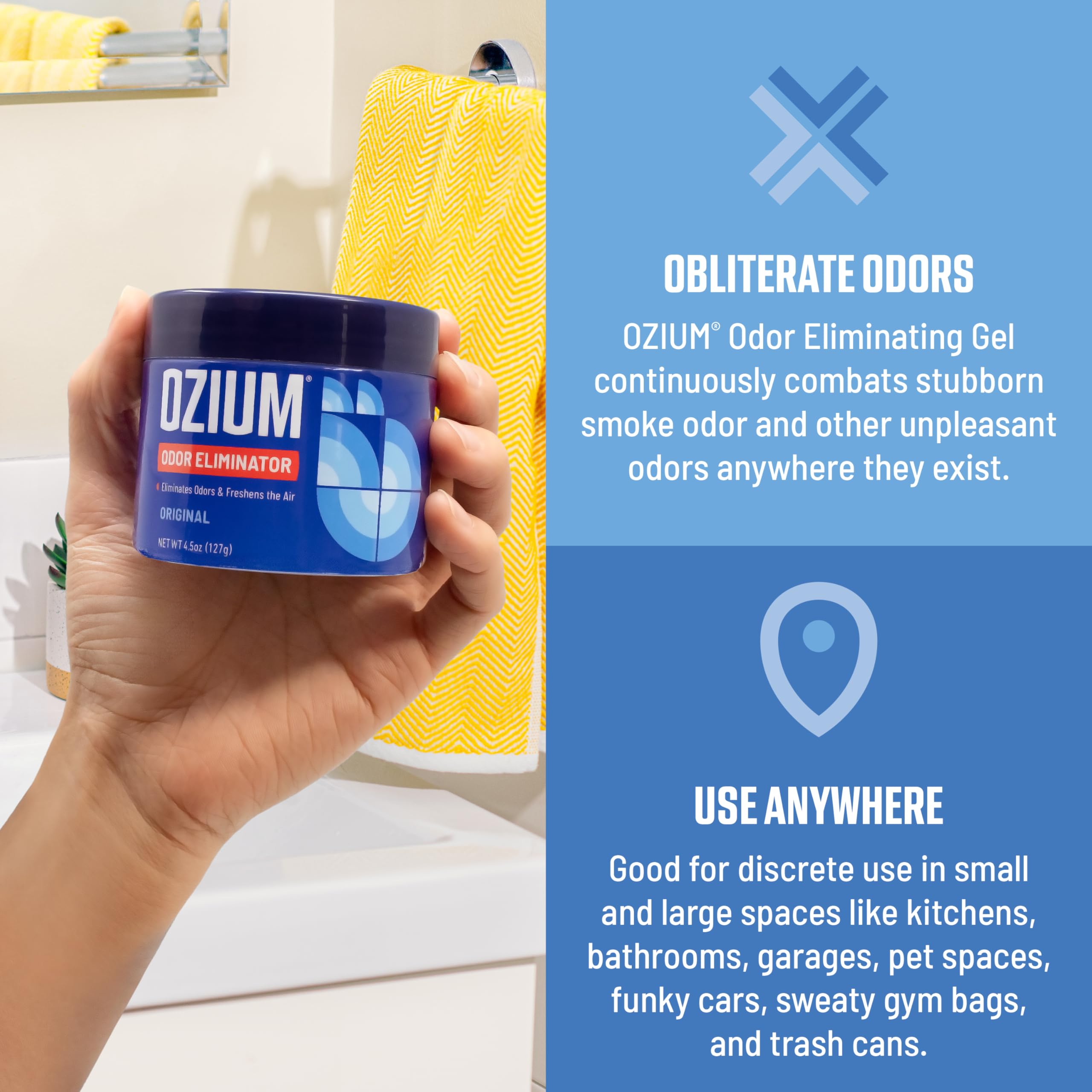 Ozium 8oz gel in kitchen area demonstrates large-space odor management.