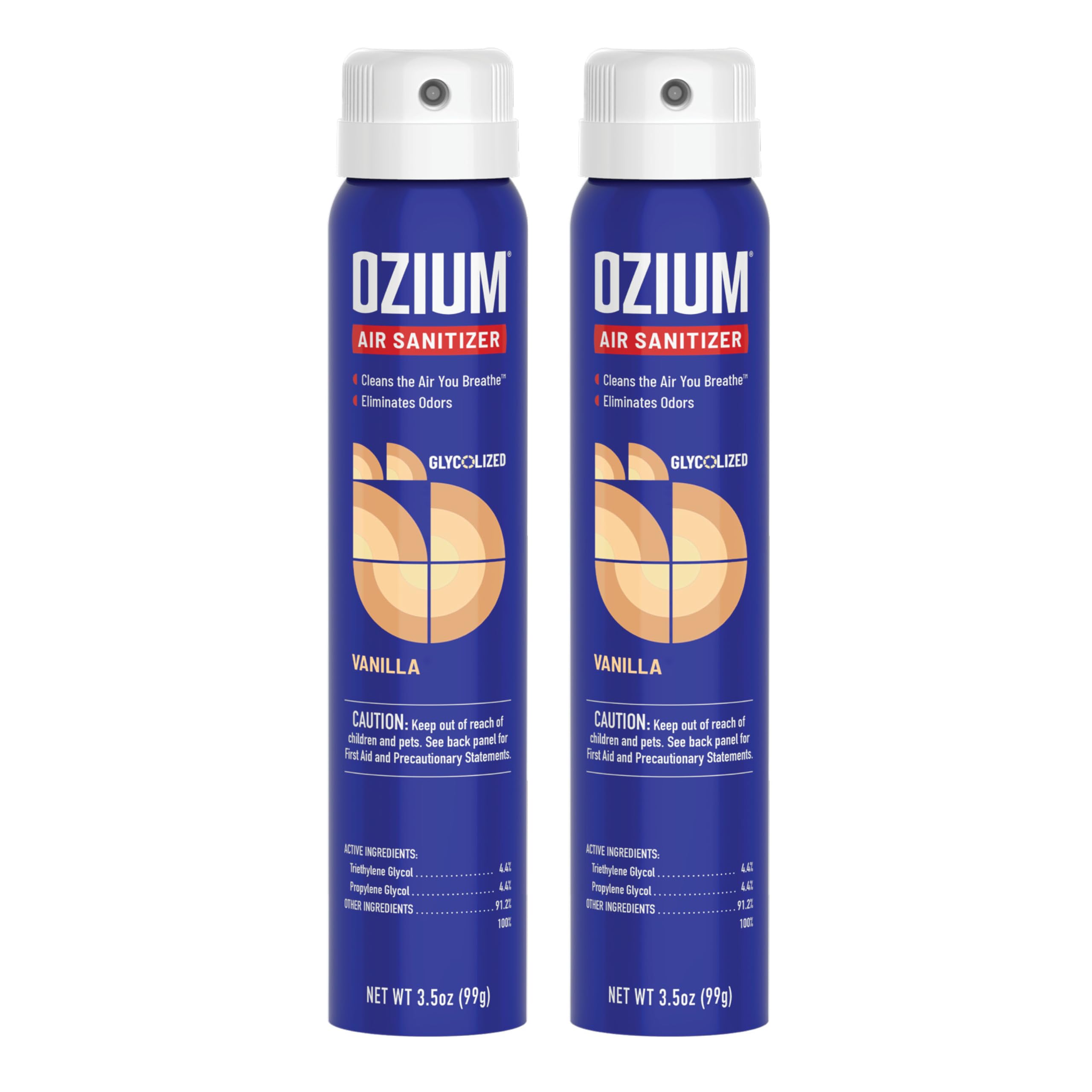 Ozium Vanilla air sanitizer spray bottle refreshes air by removing odors.