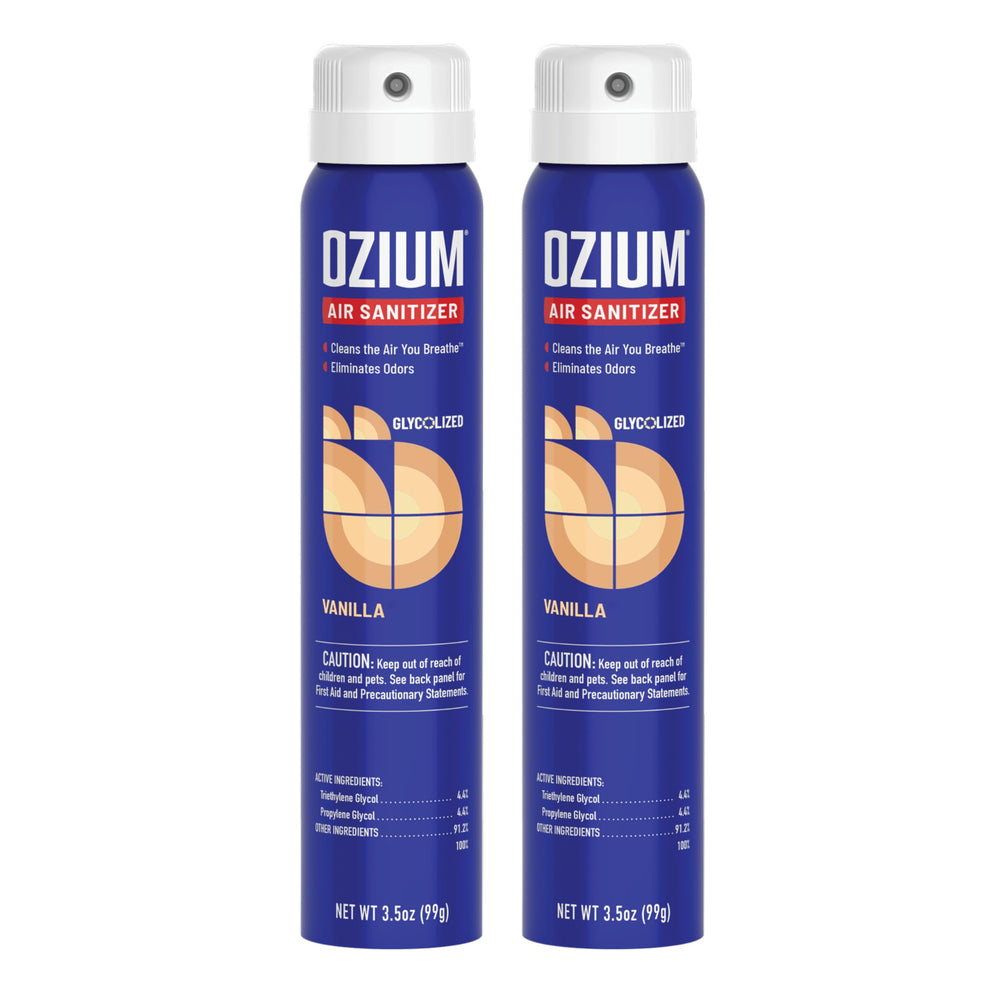 Ozium Vanilla air sanitizer spray bottle refreshes air by removing odors.