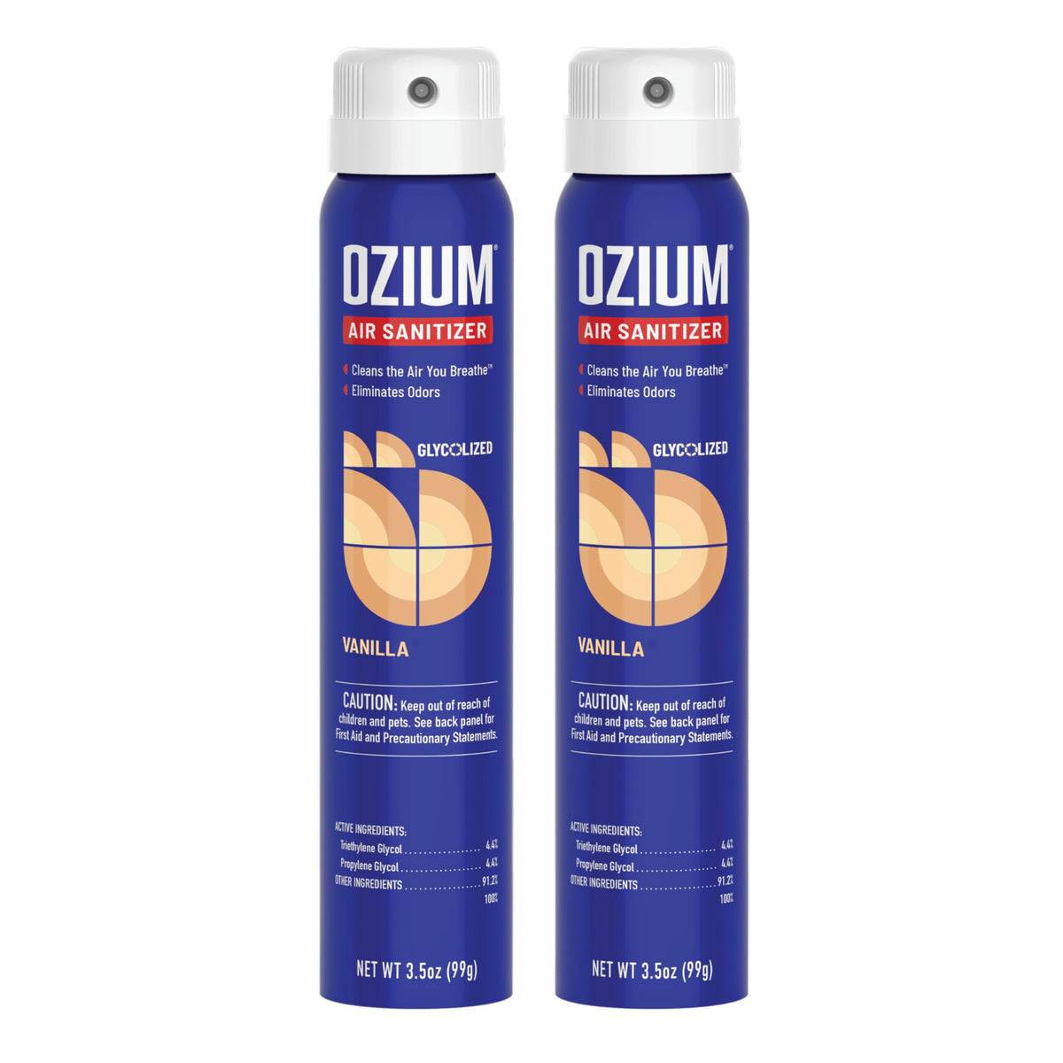 Ozium Vanilla air sanitizer spray bottle refreshes air by removing odors.