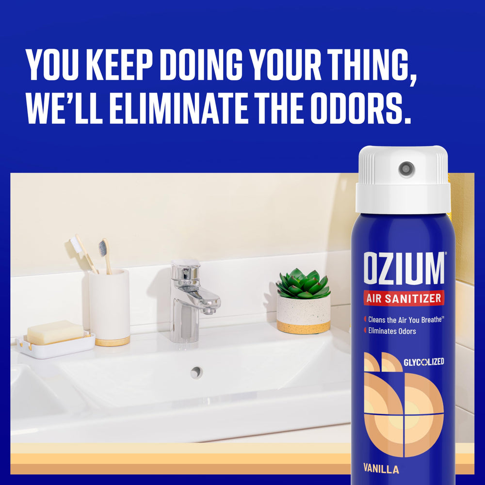 Ozium Vanilla car interior spray reduces odor-causing scents after driving.