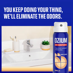 Ozium Vanilla car interior spray reduces odor-causing scents after driving.