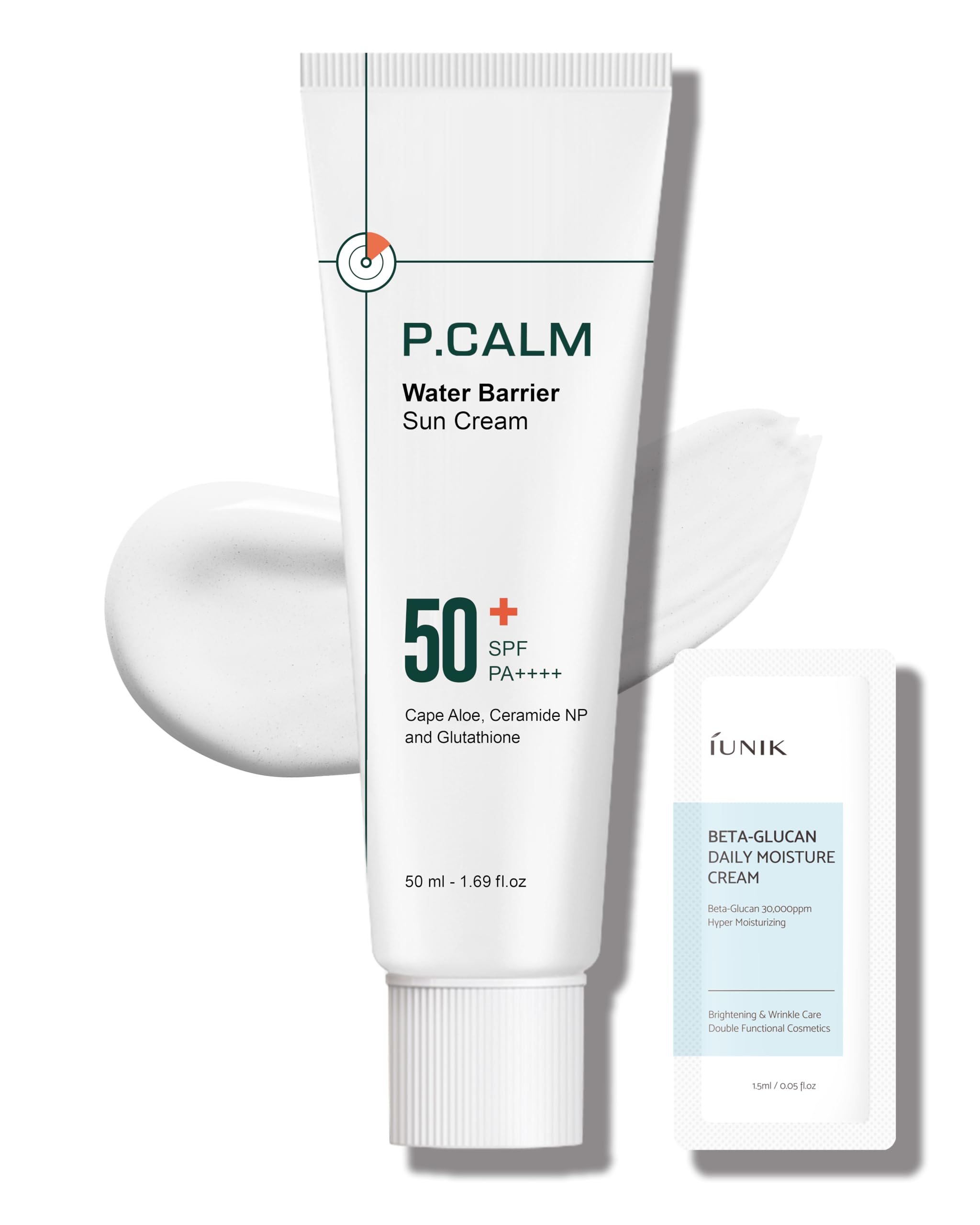 P.CALM Water Barrier Sun Cream bottle shows hydrating, lightweight protection.