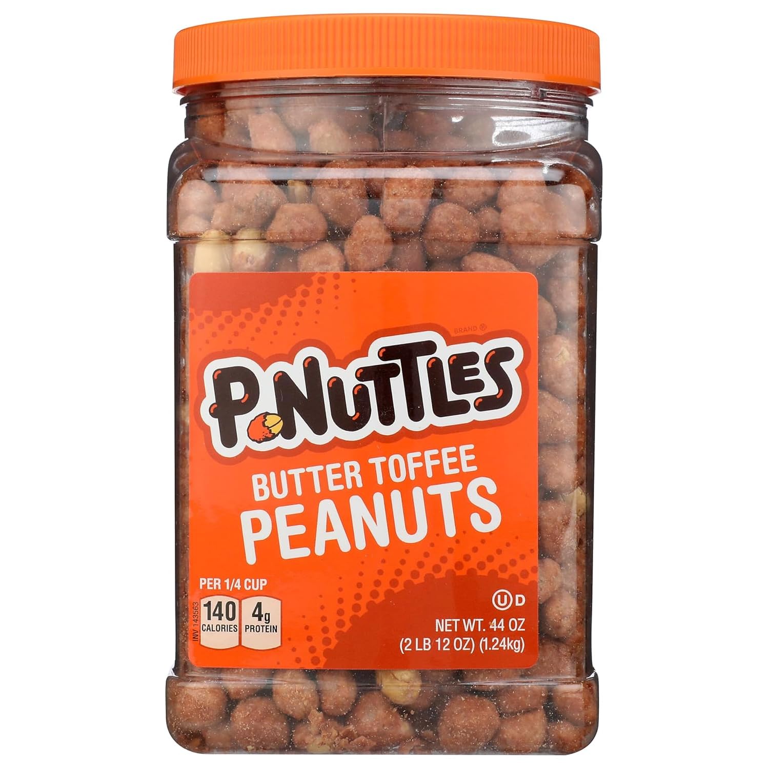 P-Nuttles Butter Toffee Peanuts jar front view shows glossy coating for a tasty snack.