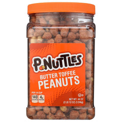 P-Nuttles Butter Toffee Peanuts jar front view shows glossy coating for a tasty snack.