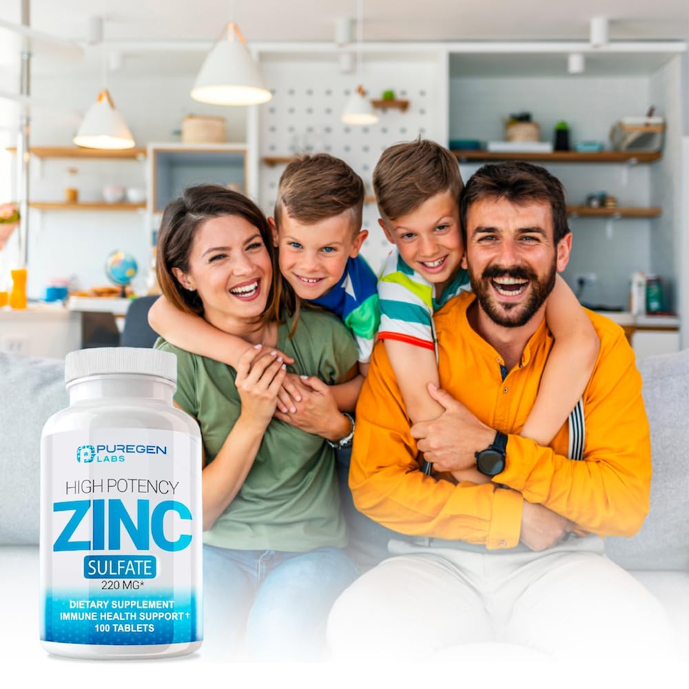 P Puregen Labs Zinc 220mg tablet shown with water for easy intake.