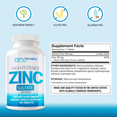 Close-up of P Puregen Labs Zinc 220mg tablets for daily wellness.