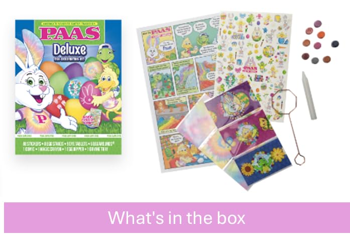 PAAS Deluxe Easter dye variety colors provide endless hue combinations.