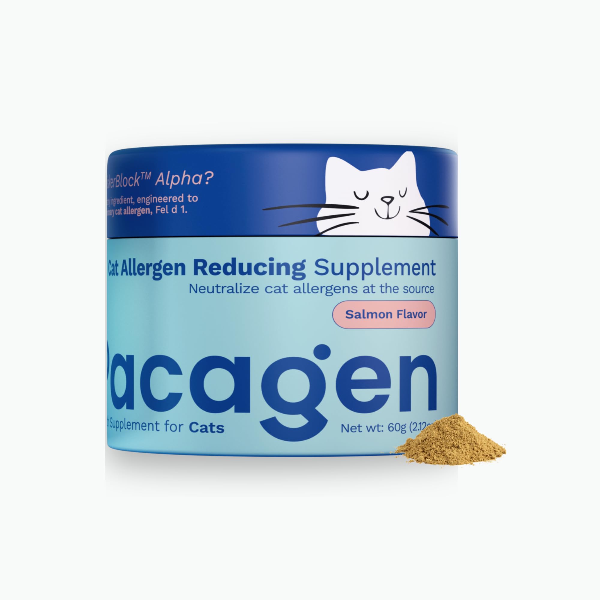 Pacagen cat allergen reducing salmon bottle showing efficacy for allergen reduction.