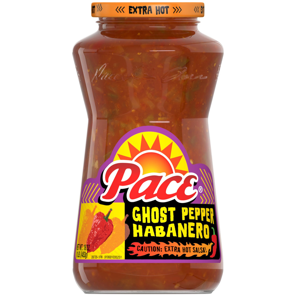 Pace Ghost Pepper Habanero Extra Hot Salsa jar showing thick, fiery texture.