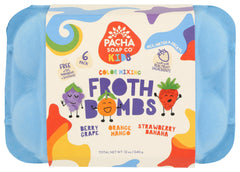 Pacha Soap Co color-changing froth bomb pack in bath setup, vibrant foam begins for playful bath time