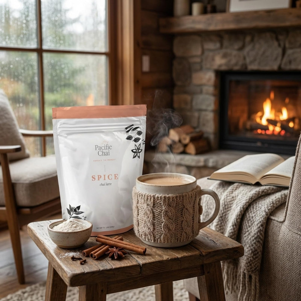 Hot Pacific Chai latte prepared in minutes for a comforting drink.