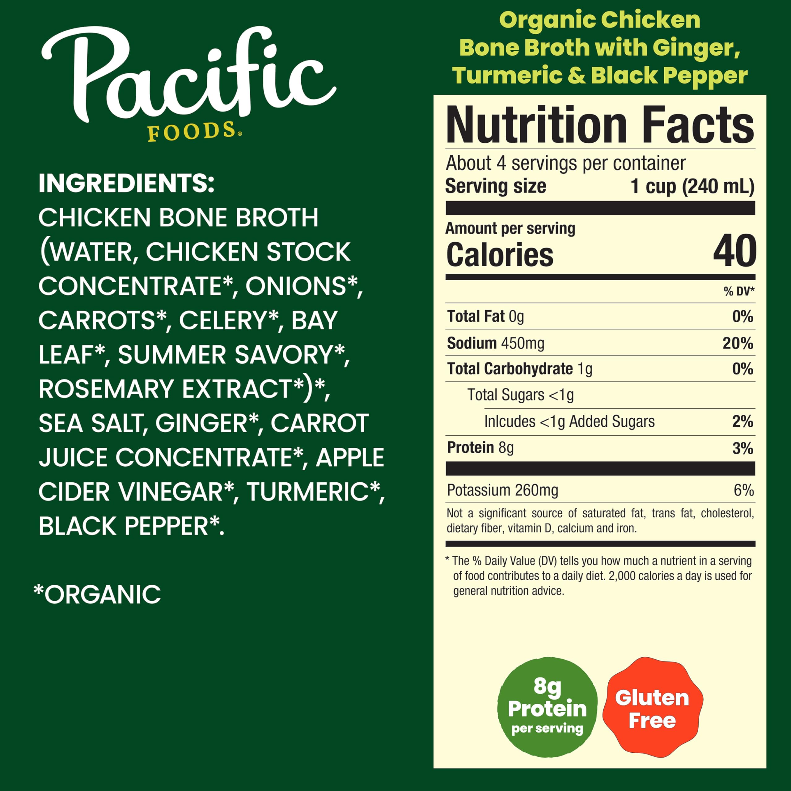 Label highlights organic ginger and turmeric, signaling a versatile bone broth base