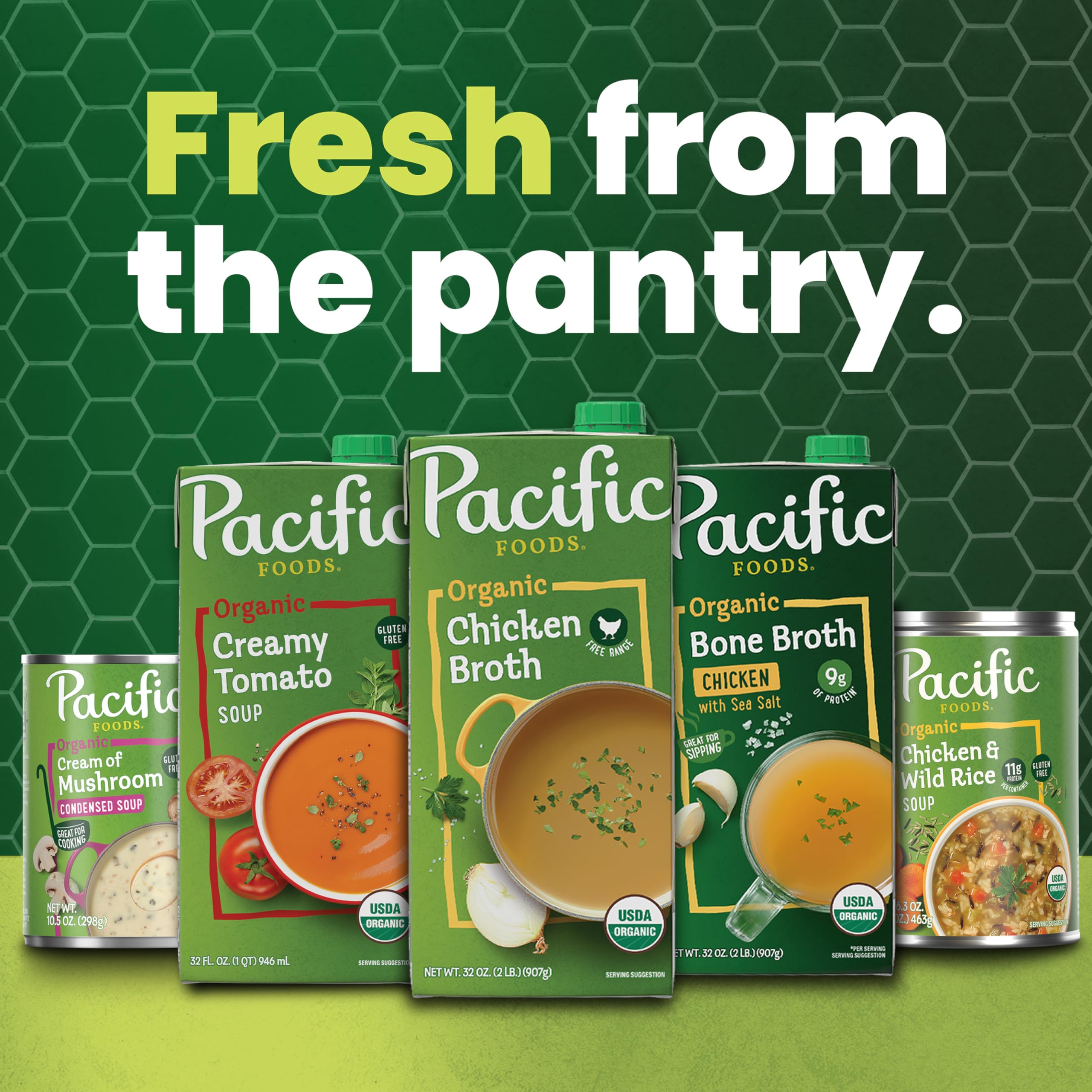 32 oz recyclable carton of Pacific Foods bone broth on kitchen counter
