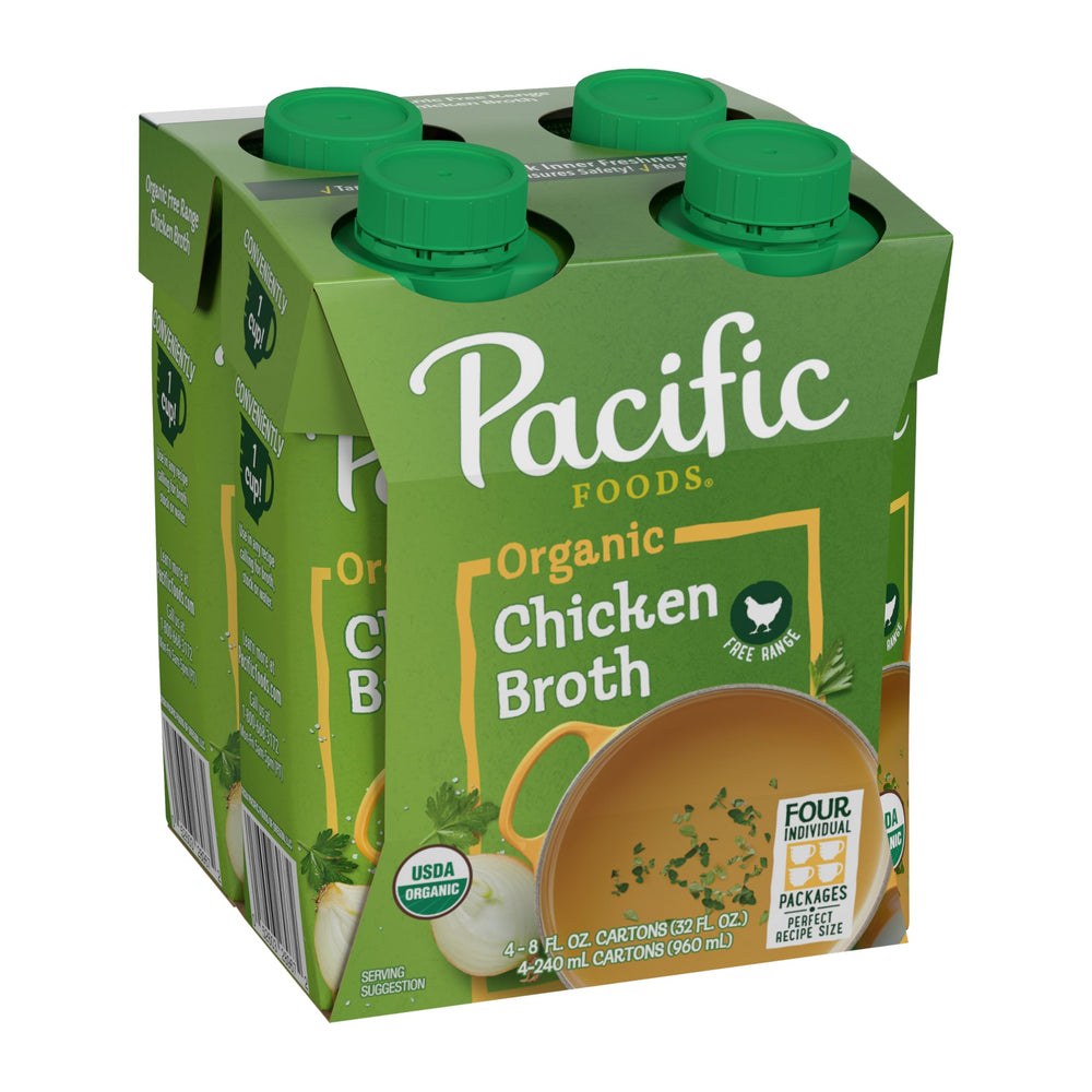 Pacific Foods Organic Free-Range Chicken Broth carton pour as a quick soup base