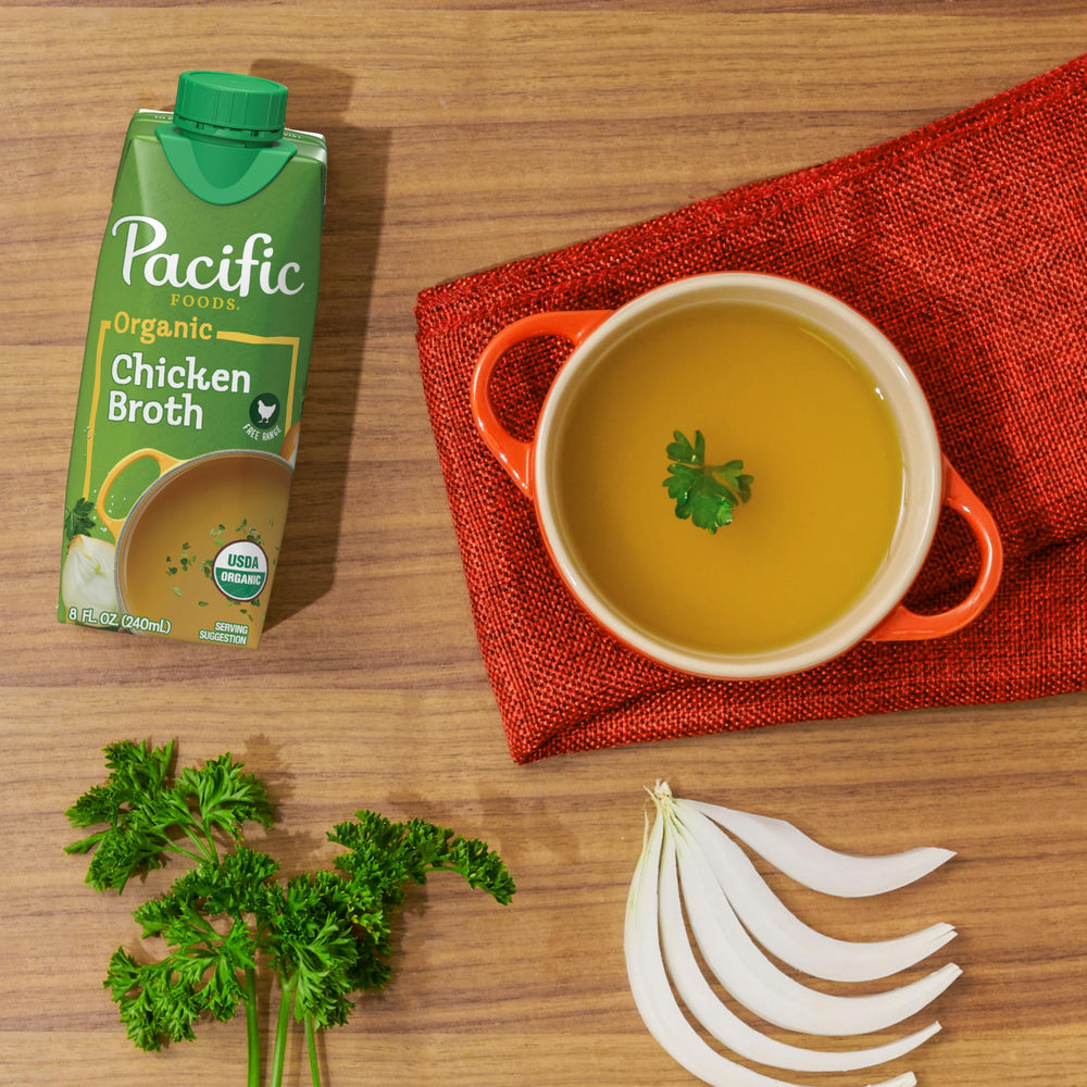 Pacific Foods chicken broth used as a versatile soup base and stock substitute