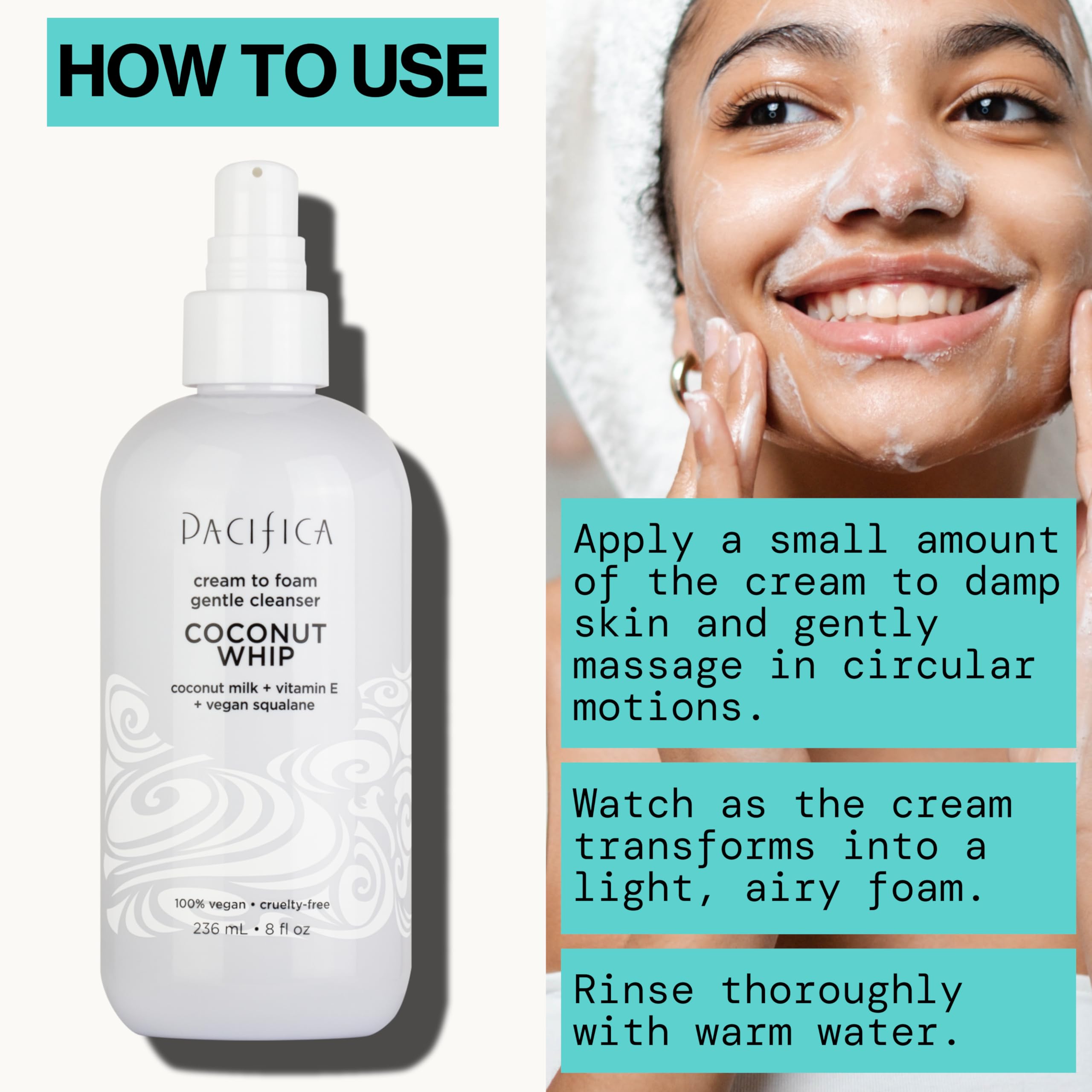 Makeup removal with Coconut Whip Cleanser on cotton pad.
