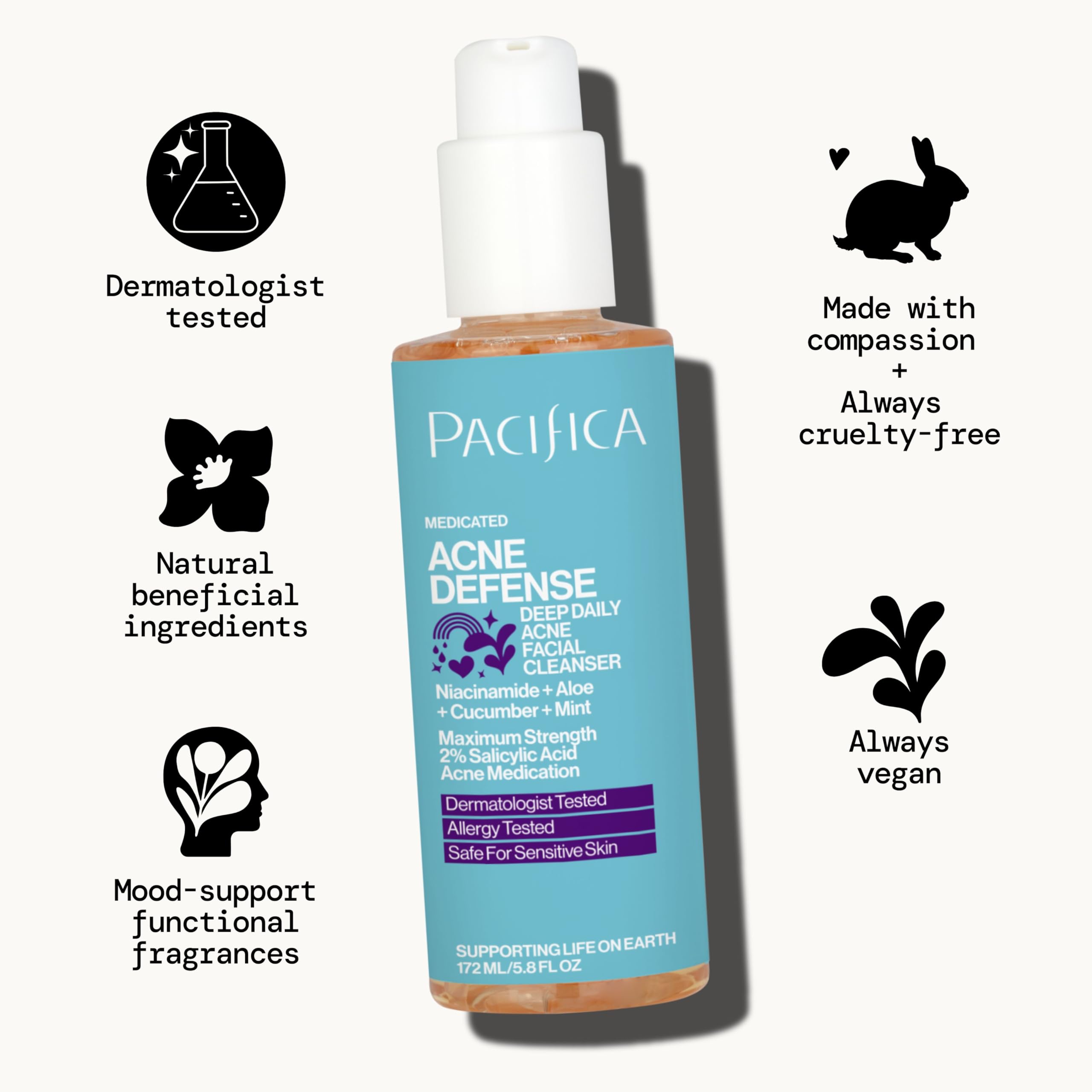Pacifica Acne Defense ingredients graphic emphasizes safe, skin-friendly options.