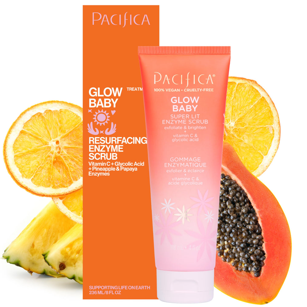Pacifica Glow Baby Enzyme Scrub bottle close-up highlighting gentle exfoliation