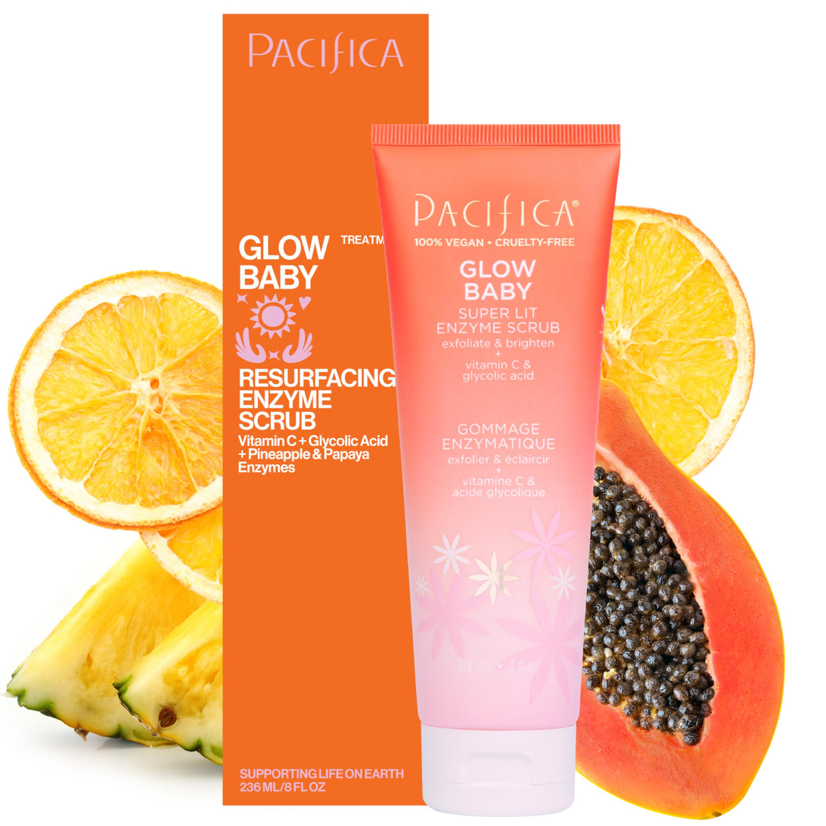 Pacifica Glow Baby Enzyme Scrub bottle close-up highlighting gentle exfoliation