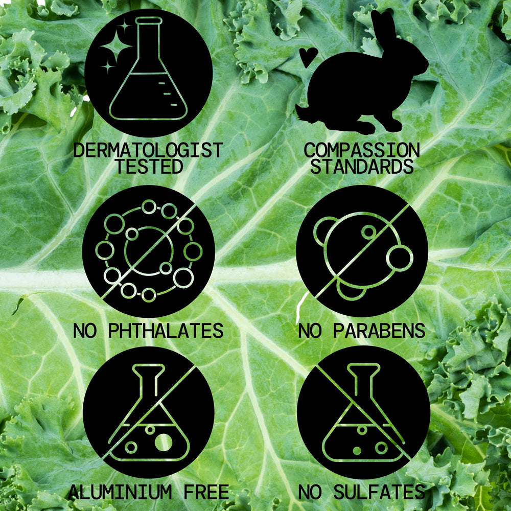 Green extracts on packaging show kale and apple for antioxidant hydration.