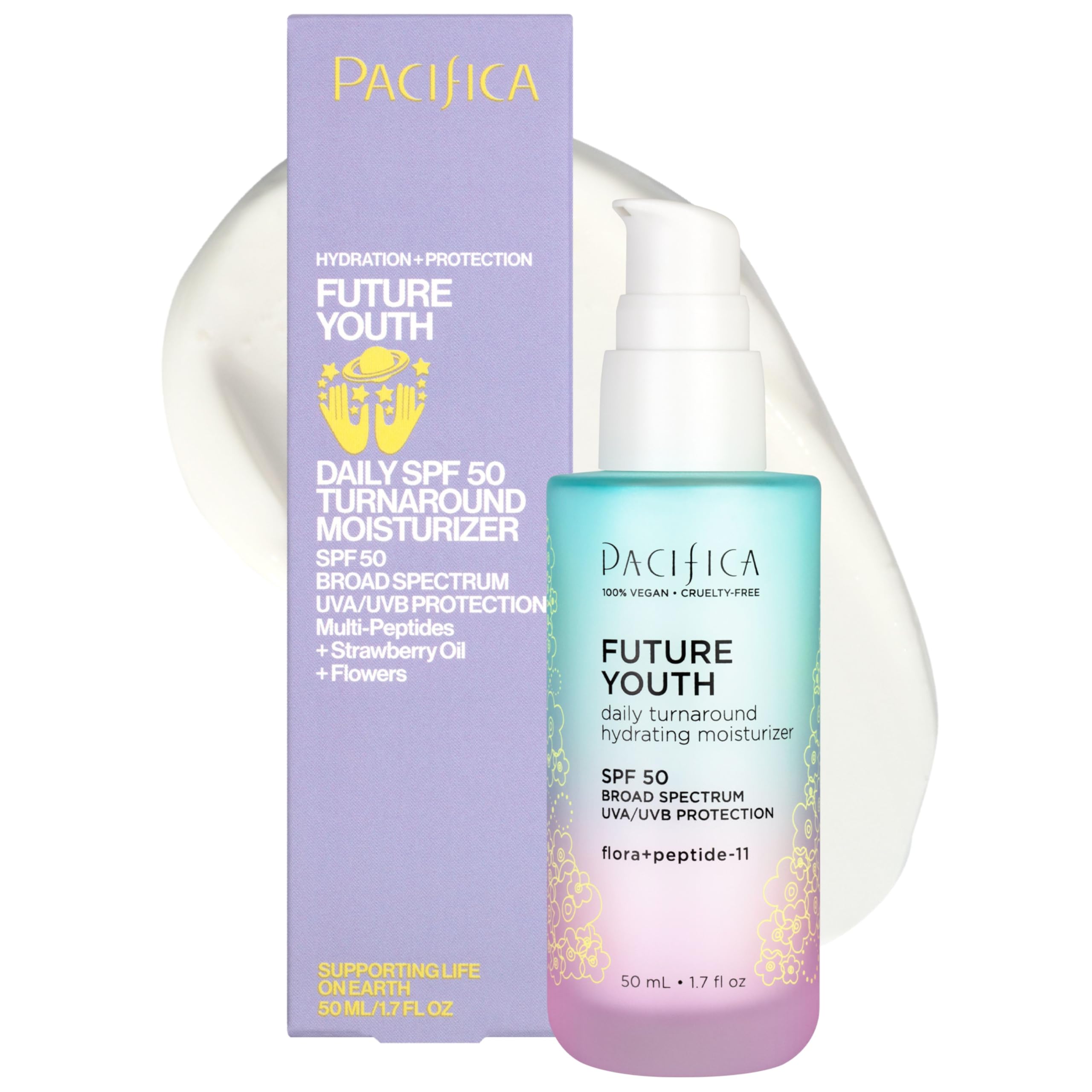 Pacifica peptide face moisturizer bottle showing creamy texture and SPF 50 protection