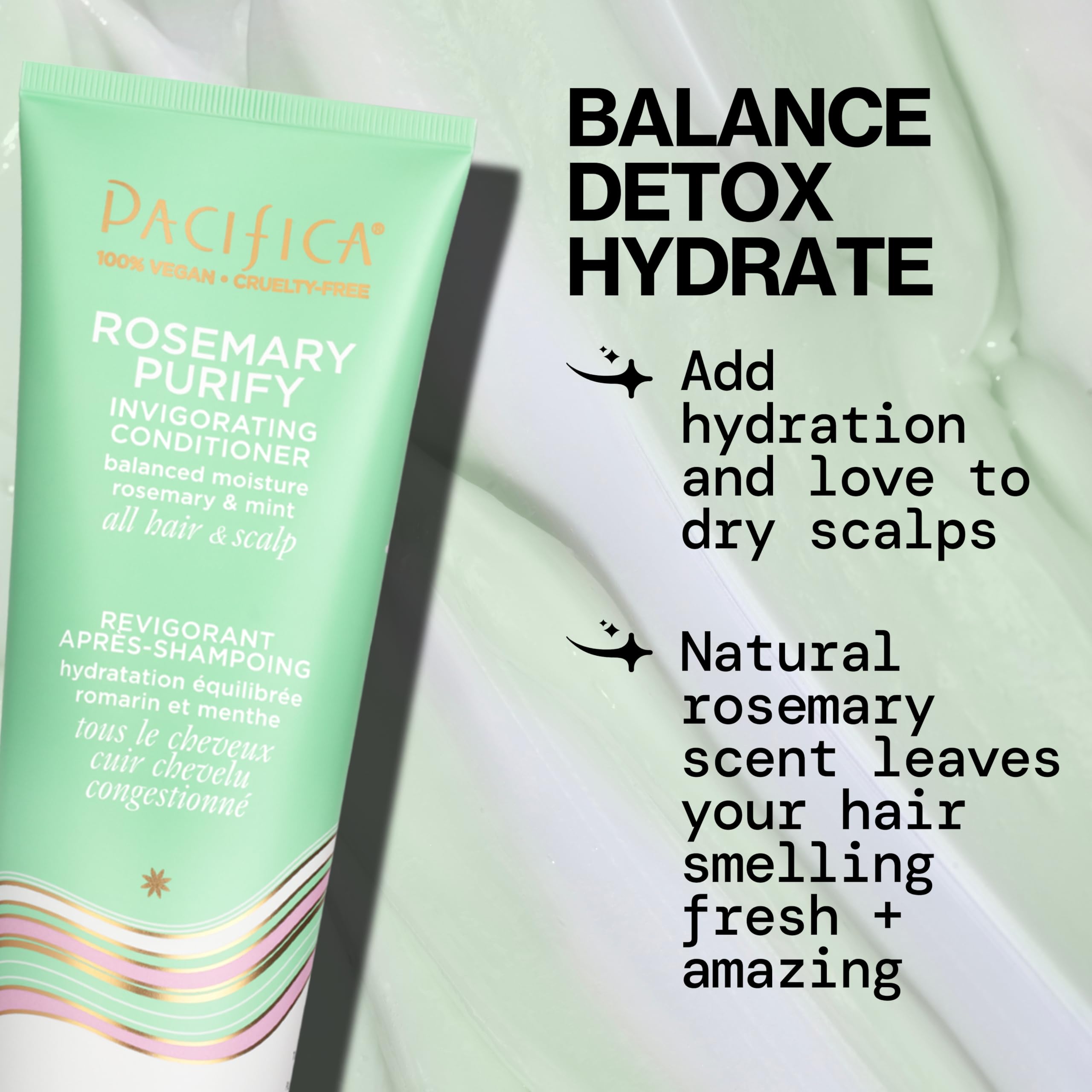 Pacifica Rosemary Purify Conditioner label closeup indicates a nourishing formula.